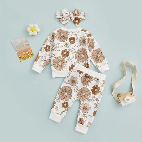 Cozy 3-Piece Fall Winter Baby Girl Clothes: Sweatshirt, Leggings & Bow Headband - Picture 7 of 7